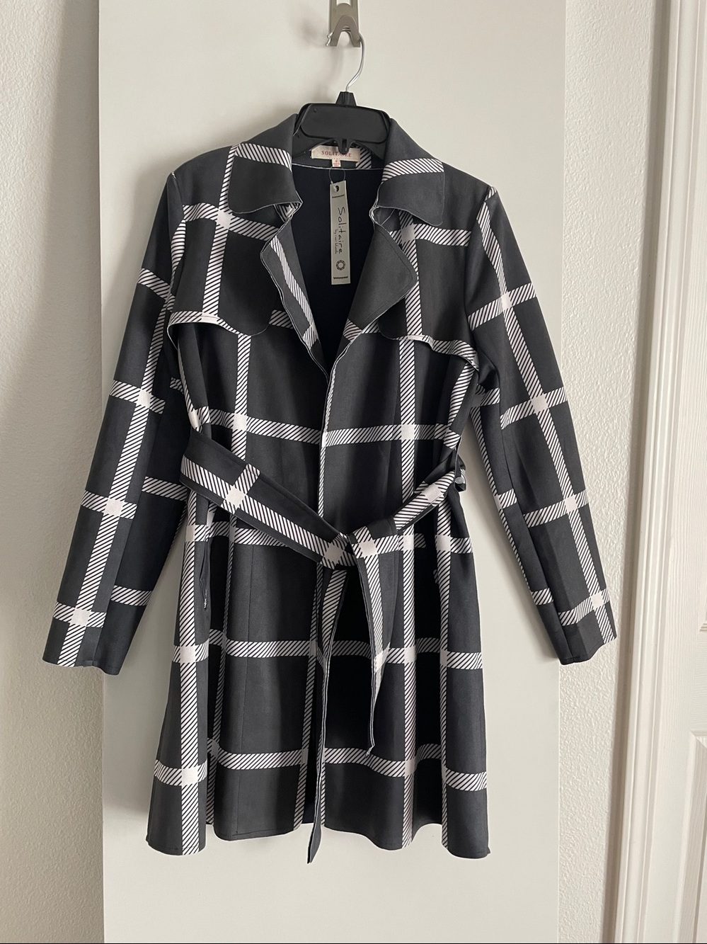 Solitaire Faux Suede Wrap Trench Coat Grey/White Plaid Belted NWT